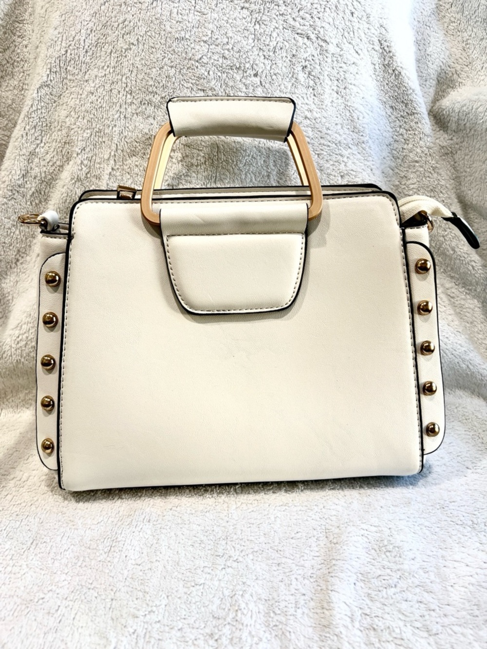 Ivory Structured Top Handle Satchel | Minimal Chic Crossbody Bag w Gold Handle